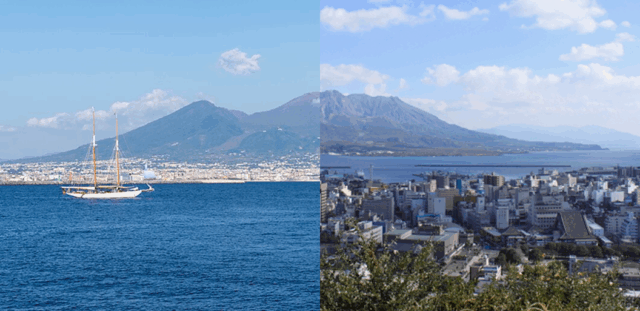 Panorama di Napoli e Kagoshima con i due vulcani in continuità sullo sfondo Panorama di Napoli e Kagoshima con i due vulcani in continuità sullo sfondo