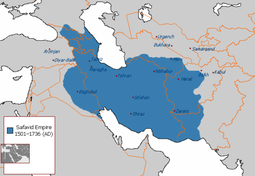 Mappa dell’Impero safavide (1501-1722), che mostra l’estensione territoriale dell’Iran sotto la dinastia Safavide, periodo in cui lo Sciismo duodecimano divenne religione di Stato e si consolidarono le basi dell’identità politica e religiosa persiana