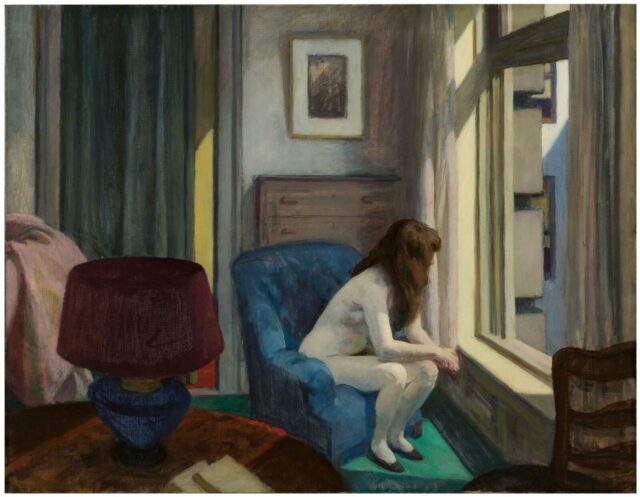 Donna nuda seduta vicino a una finestra, di spalle, che guarda fuori Le undici di mattina, dipinto di Edward Hopper